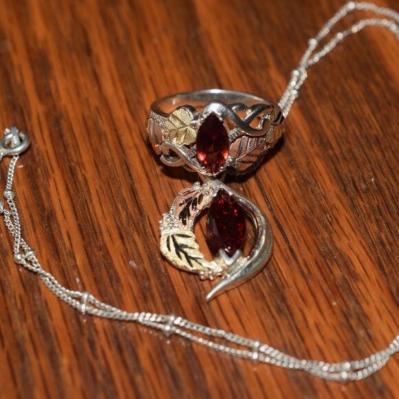 2 Sterling Garnet 12k. Black Hills Gold Necklace Ring Set January Birth Stone - Picture 3 of 14